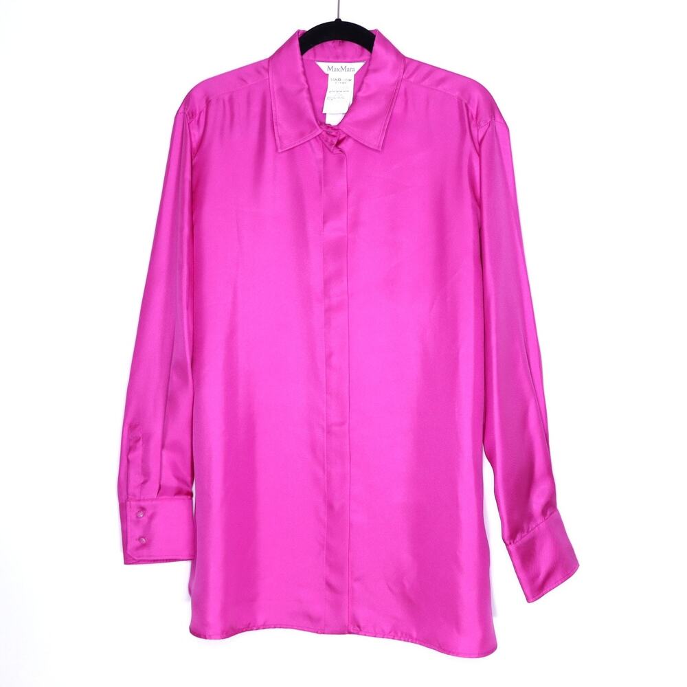 MAX MARA Silk Satin Button Down Shirt Fuchsia Pink Long Sleeve Blouse Women's 16
